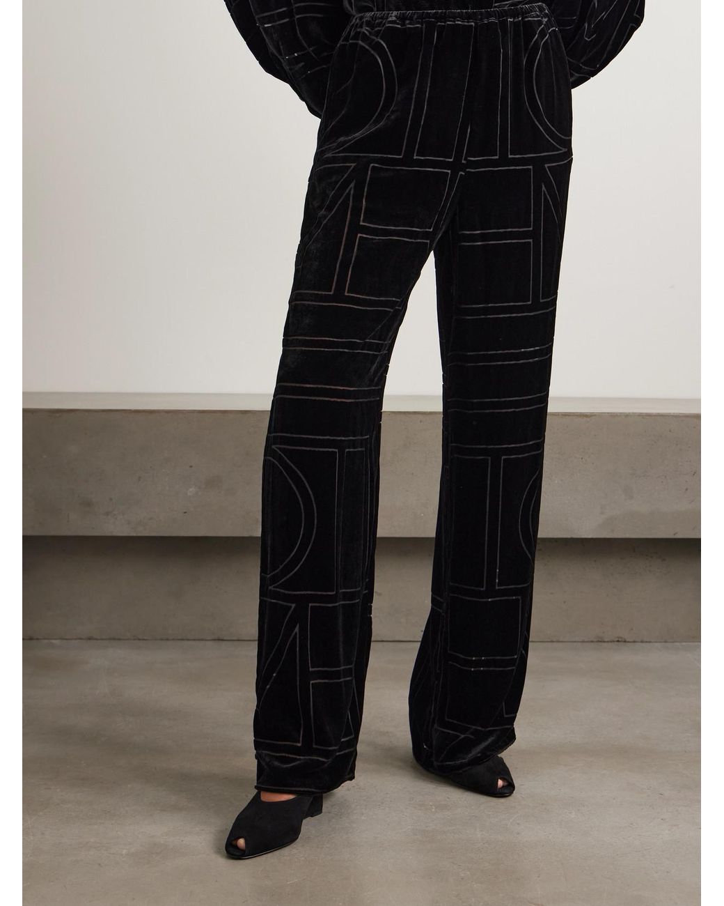 Totême Black Devoré-Velvet Wide-Leg Pants
