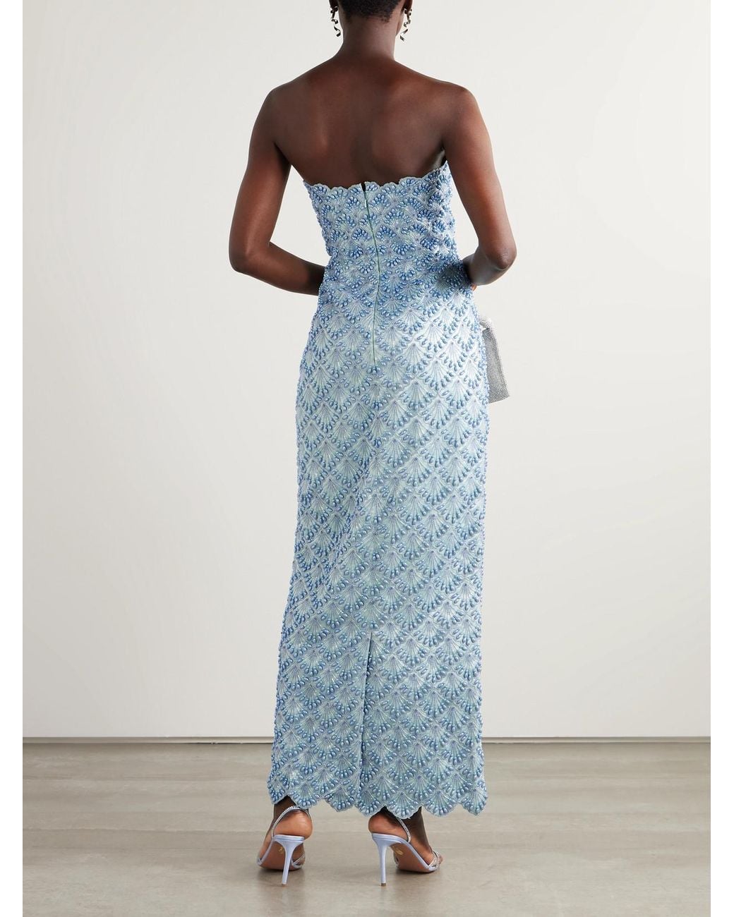 Clio Peppiatt Blue Ariel Strapless Scalloped Embellished Satin Gown