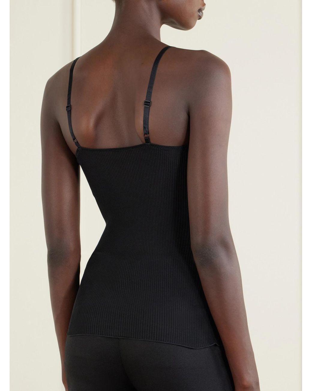 Saint Laurent Black Lace-Trimmed Ribbed Silk Tank
