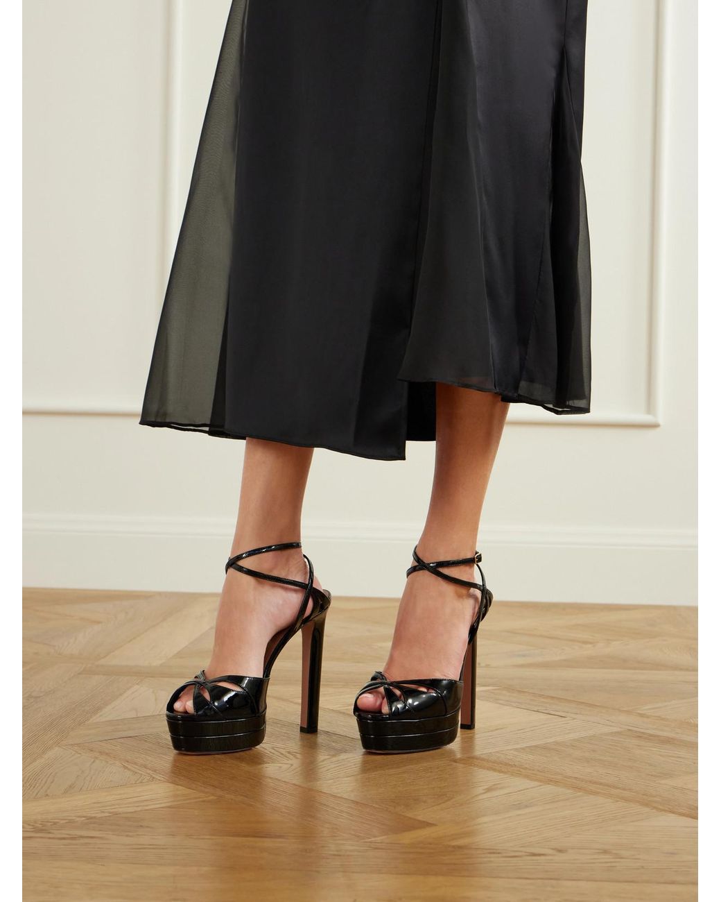 Aquazzura Black Moves 130 Patent-Leather Platform Sandals