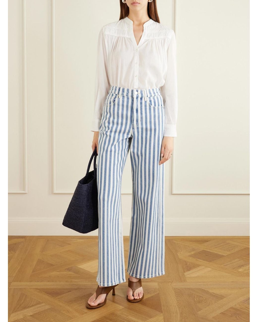 Veronica Beard Blue Taylor Striped High-Rise Wide-Leg Jeans