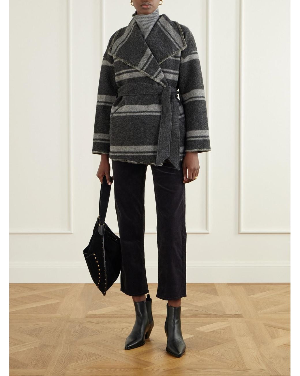 Isabel Marant Gray Brea Belted Striped Knitted Coat