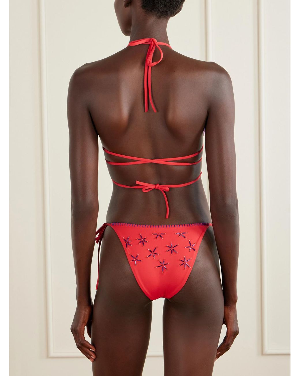 Staud Red Lido Bead-Embellished Triangle Bikini Top
