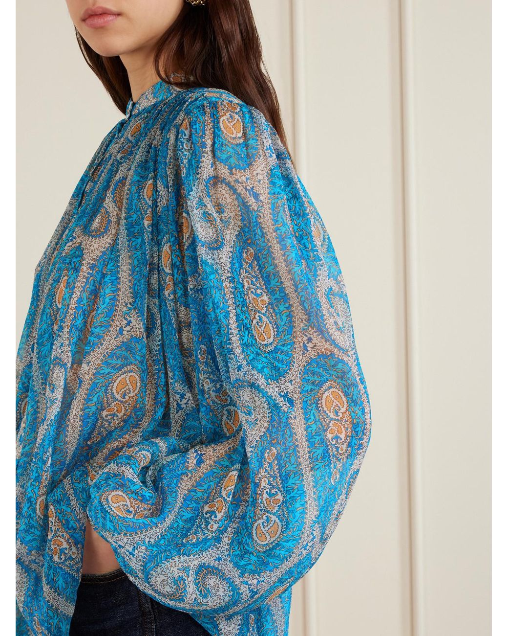 Etro Blue Pleated Paisley-Print Silk-Crepon Blouse