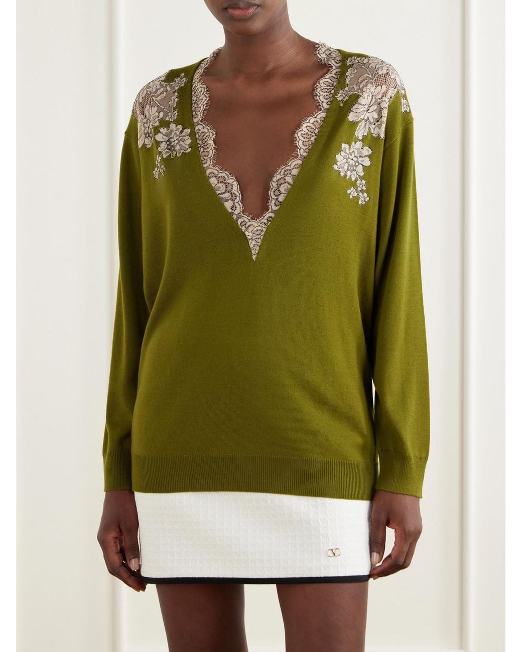 Valentino Garavani Green Lace-Trimmed Wool Sweater