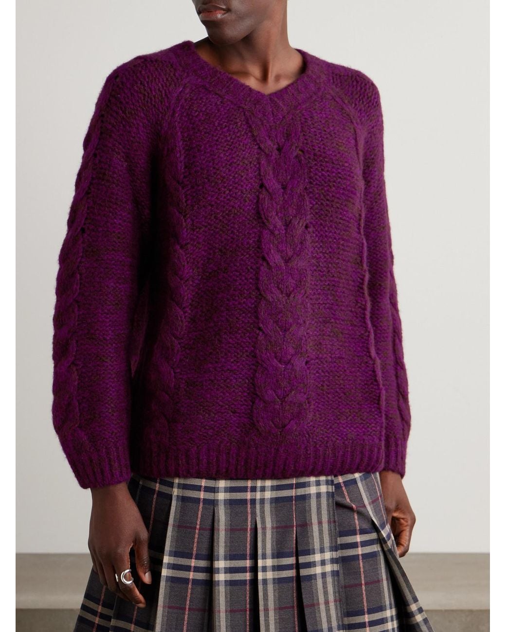 Bode Purple Eiderdown Cable-Knit Alpaca, Mohair And Silk-Blend Sweater