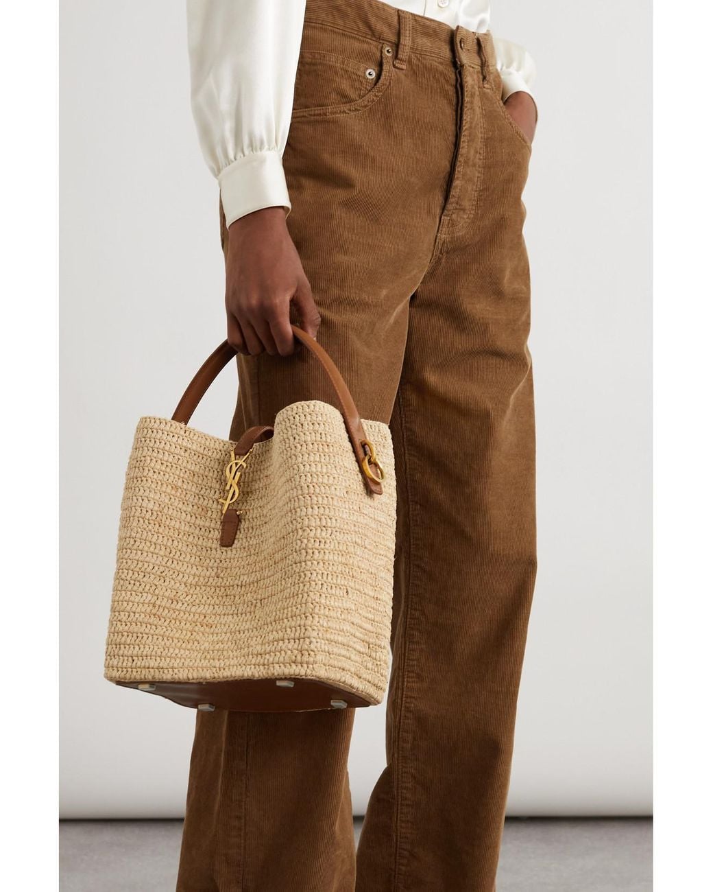 Saint Laurent Natural Le 37 Leather-Trimmed Raffia Bucket Bag