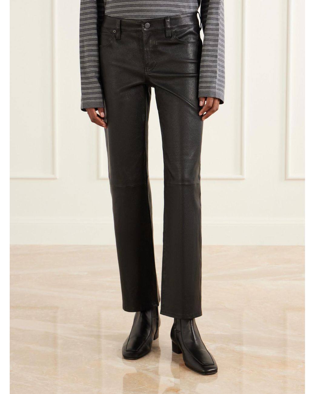 FRAME Black The Cigarette Low-Rise Straight-Leg Leather Pants