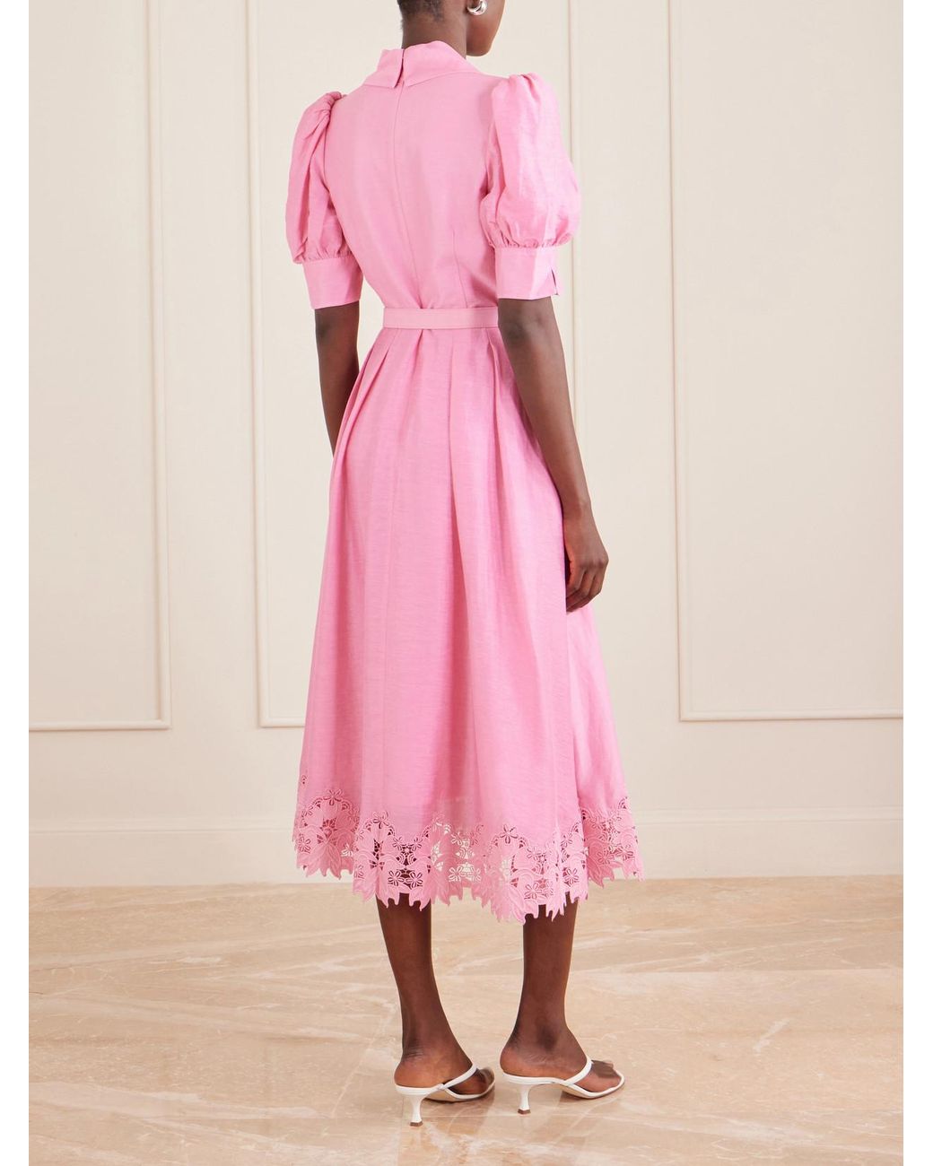 Rebecca Vallance Pink Petalite Belted Broderie Anglaise-Trimmed Poplin Midi Dress