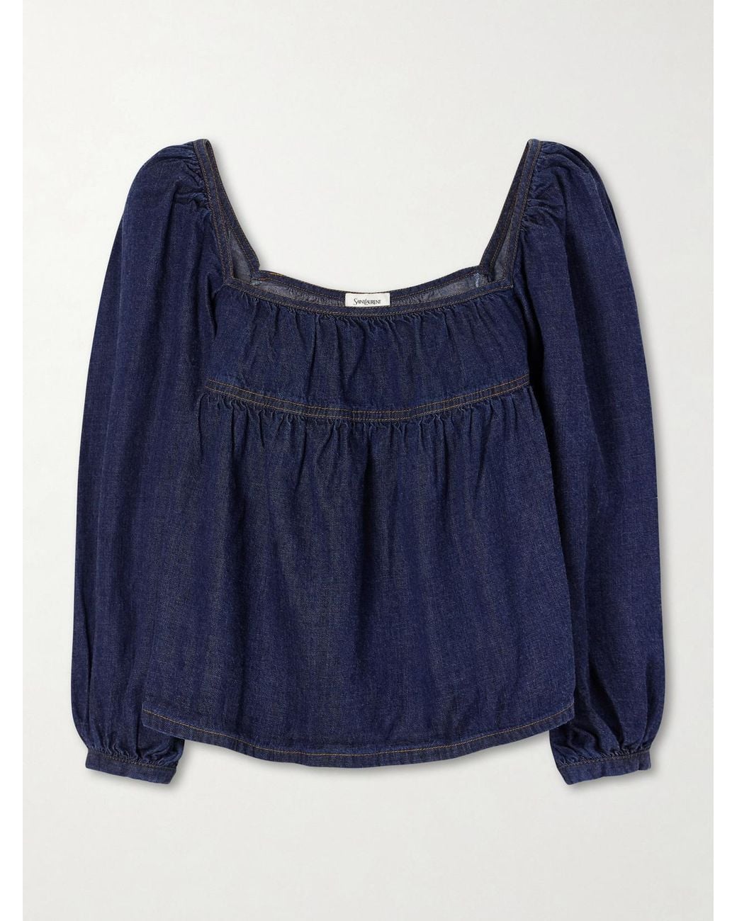 Saint Laurent Blue Gathered Denim Blouse