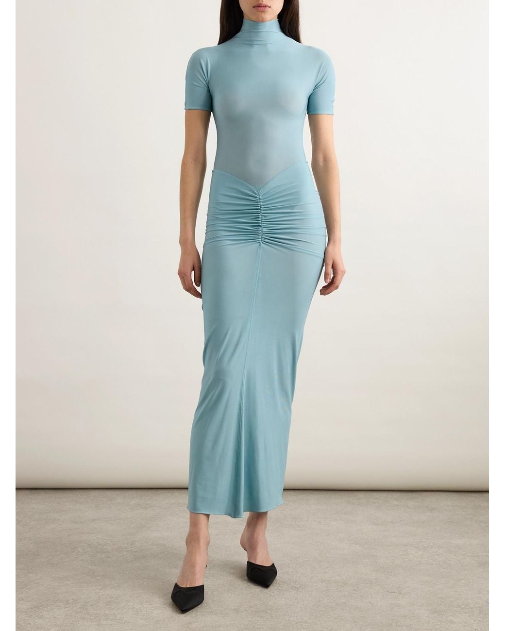 Alaïa Blue Ruched Stretch-Jersey Midi Dress