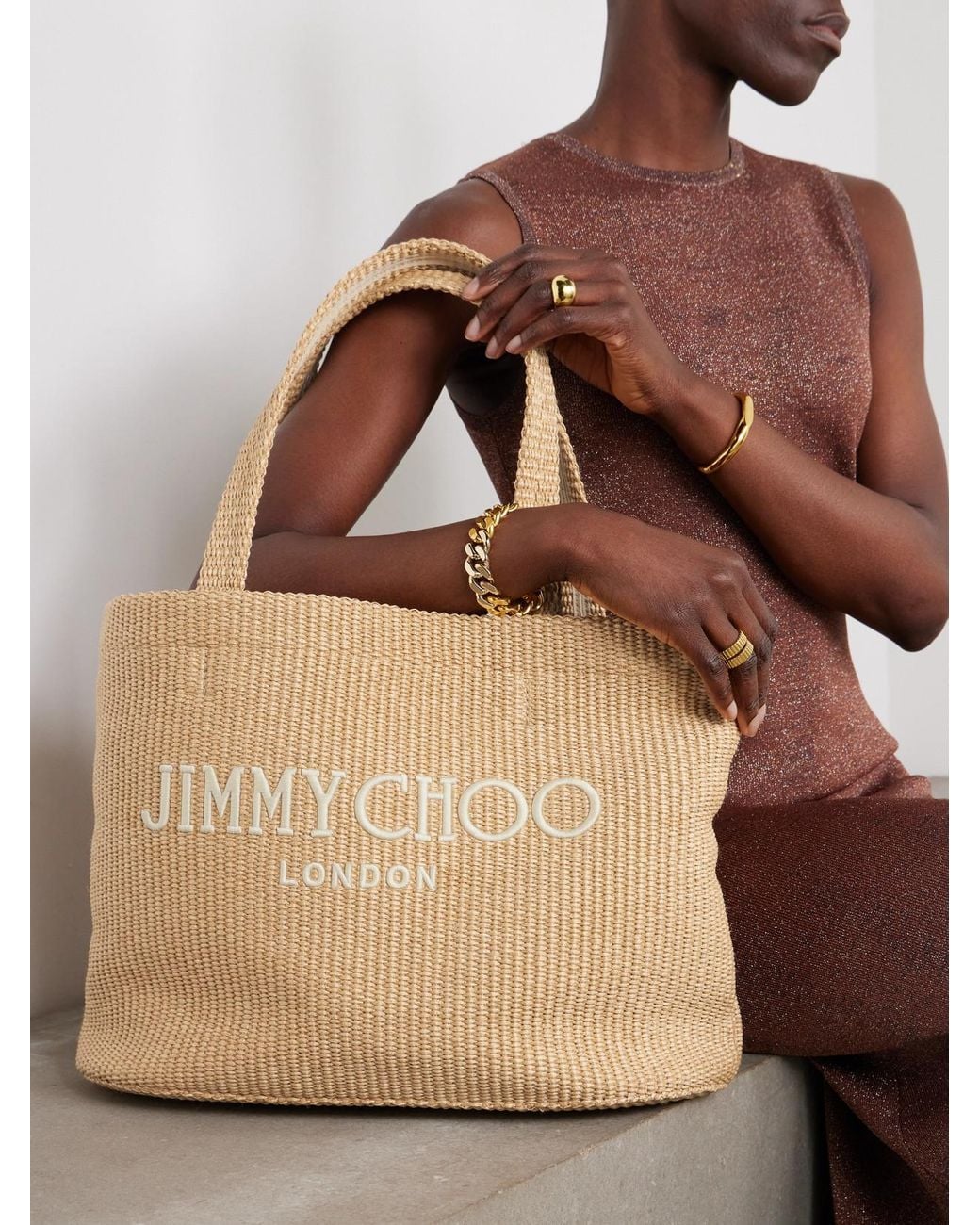Jimmy Choo Natural Avenue Logo-Embroidered Woven Raffia Tote