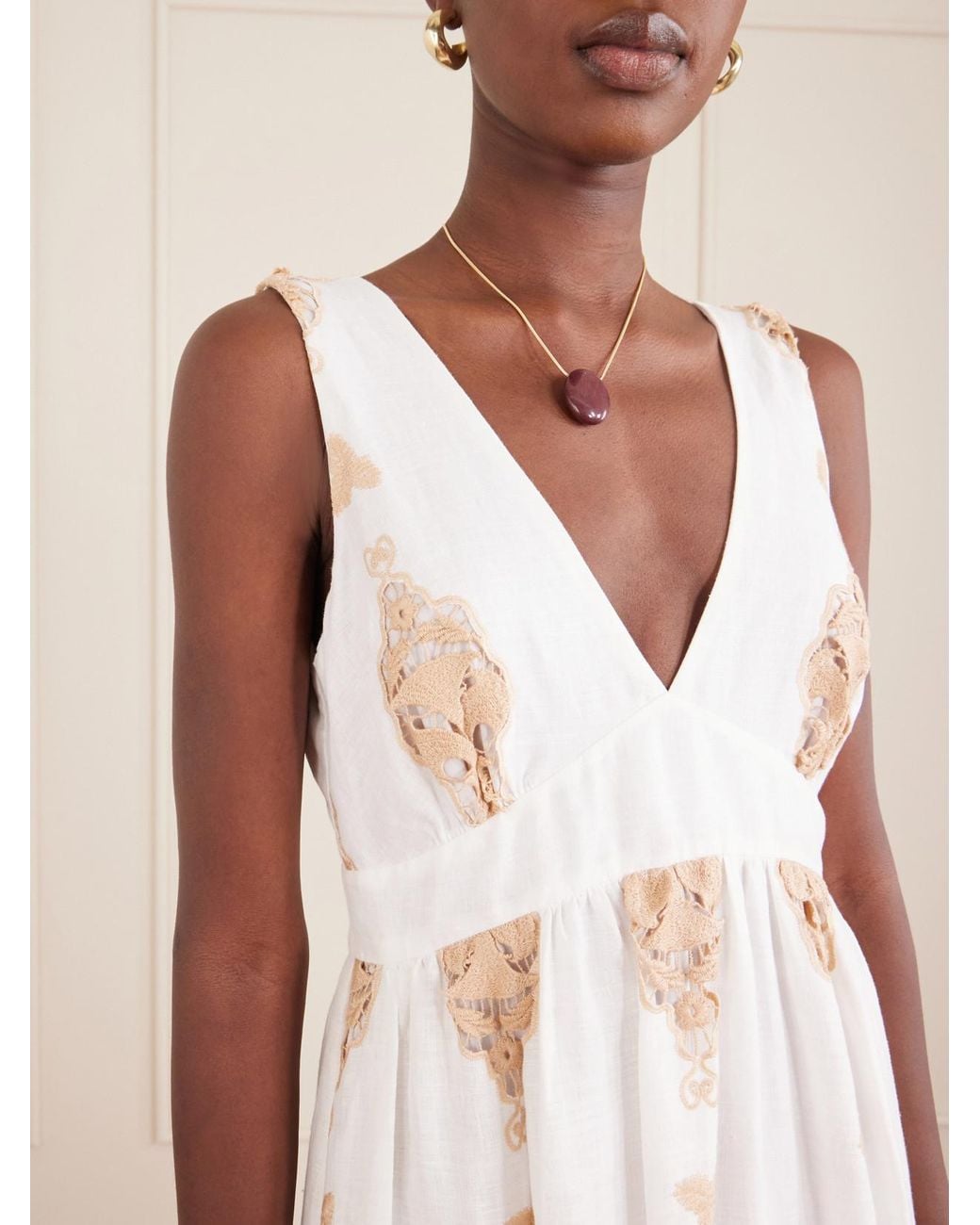 Miguelina Natural Jenny Broderie Anglaise Linen Maxi Dress