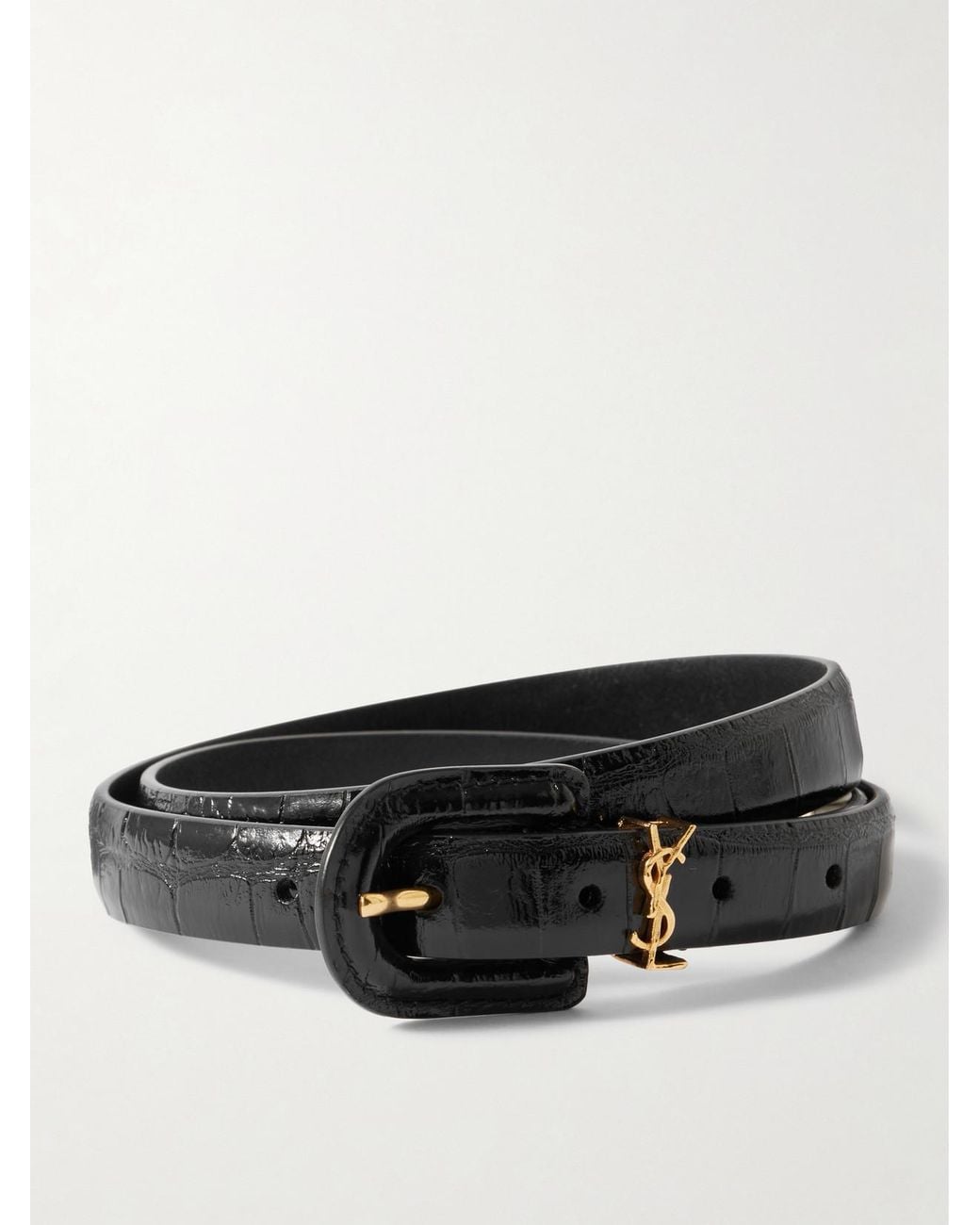 Saint Laurent Black Cassandre Embellished Croc-Effect Leather Belt