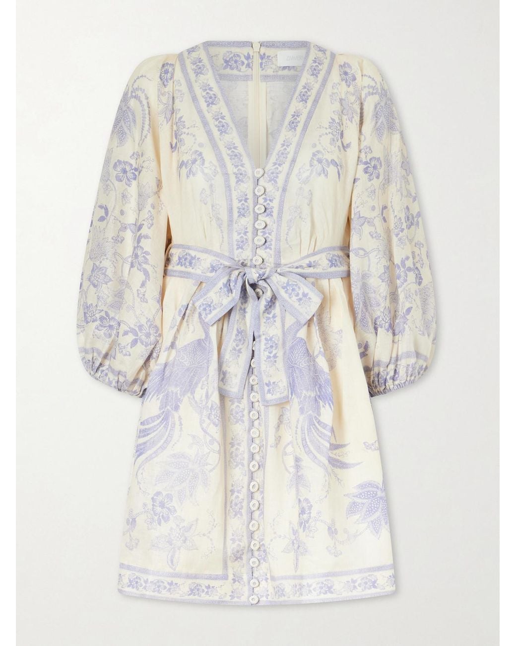 Zimmermann White Indra Belted Floral-Print Linen Mini Dress