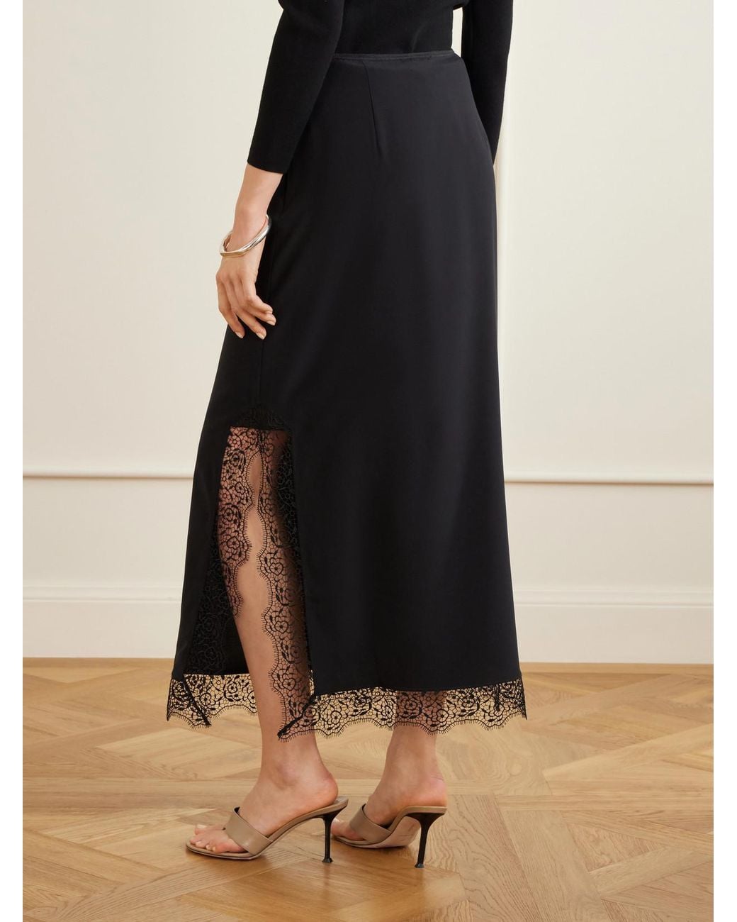 La Ligne Black Phoenix Lace-Trimmed Silk-Blend Midi Skirt