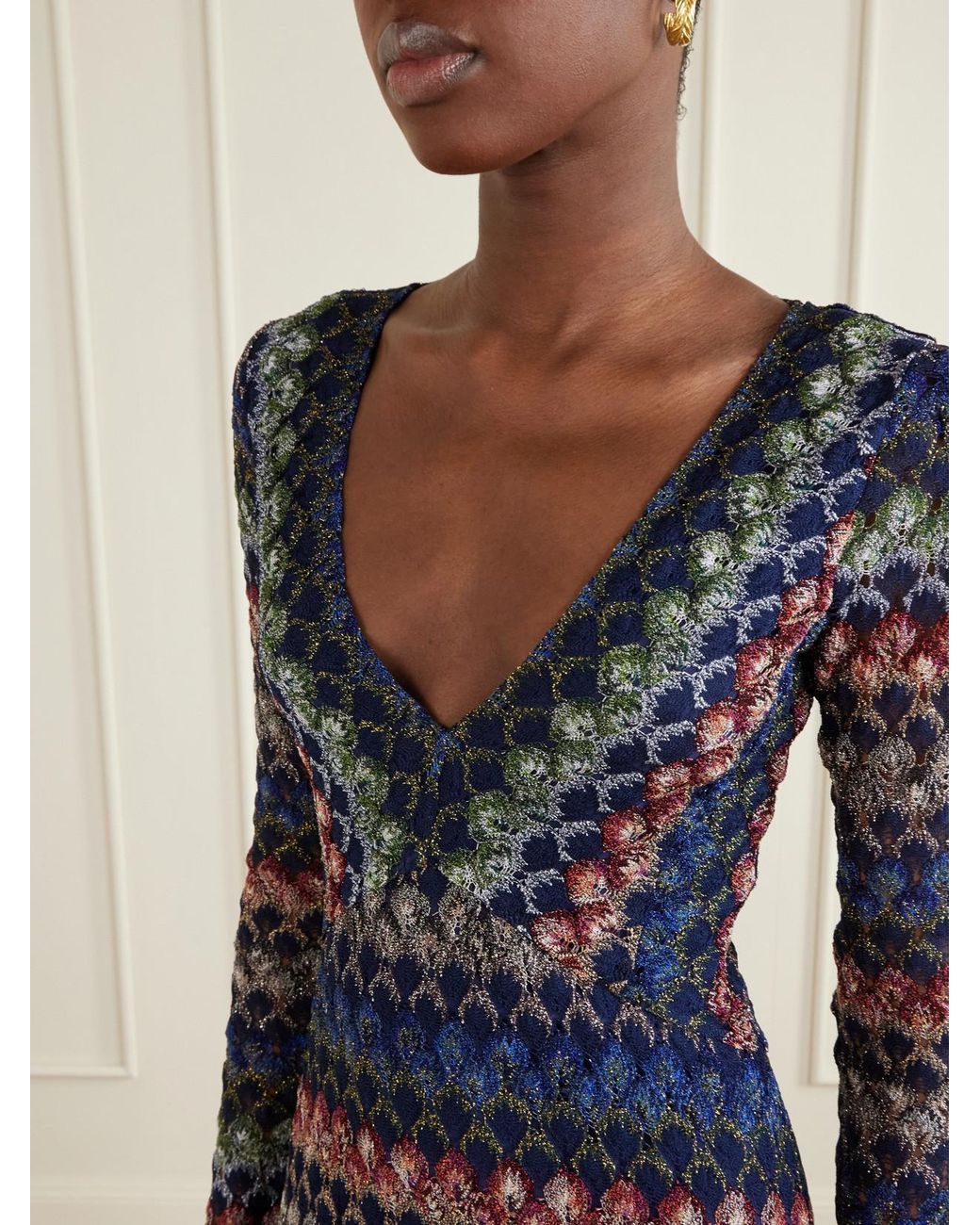 Missoni Blue Striped Metallic Crochet-Knit Midi Dress