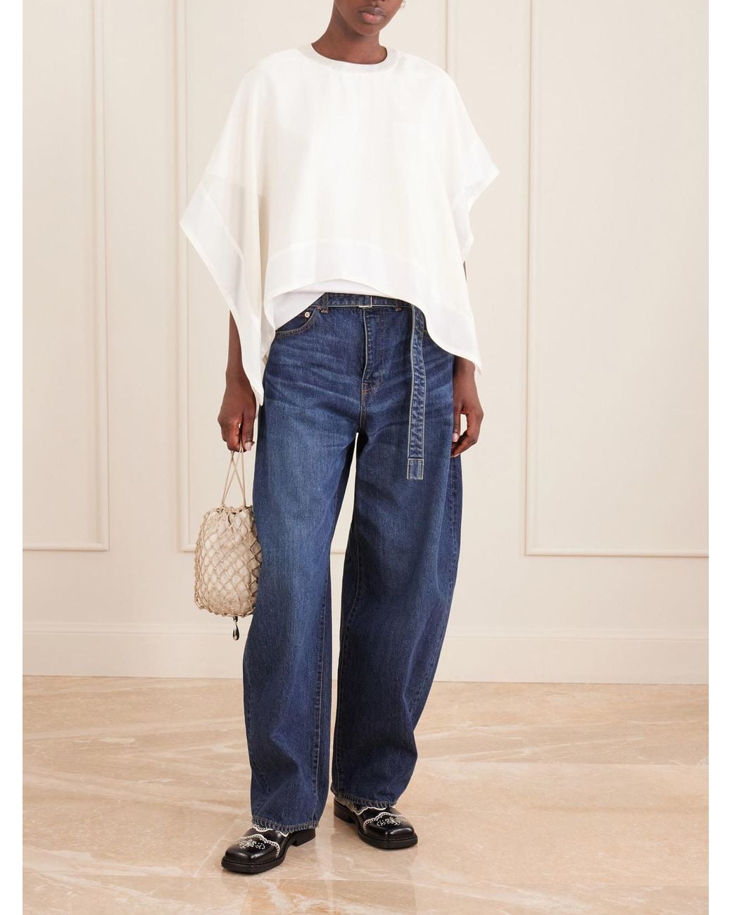Sacai White Layered Cotton-Trimmed Satin Blouse
