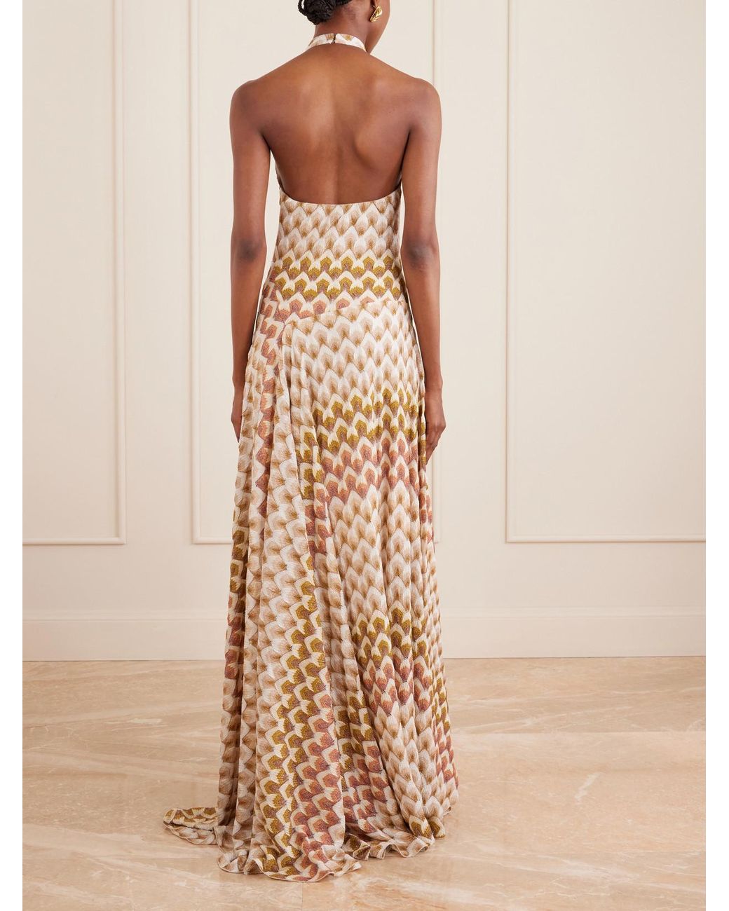 Missoni Natural Striped Metallic Crochet-Knit Halterneck Maxi Dress