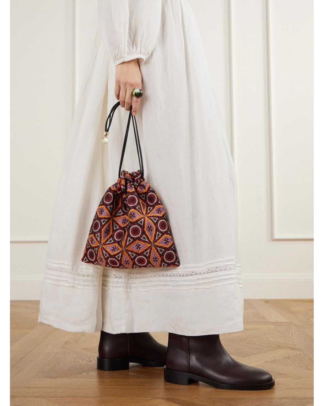 LaDoubleJ Red Drawstring Leather-Trimmed Jacquard-Knit Clutch