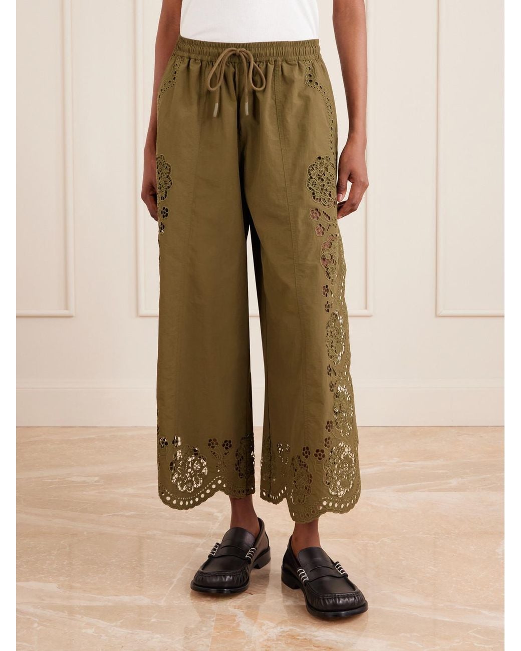Sea Green Vittoria Broderie Anglaise-Trimmed Shell Wide-Leg Pants
