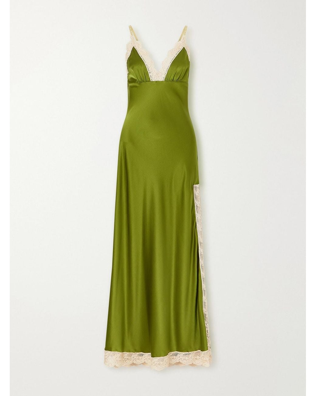 Miguelina Green Bead-Embellished Crochet-Trimmed Silk-Blend Satin Maxi Dress