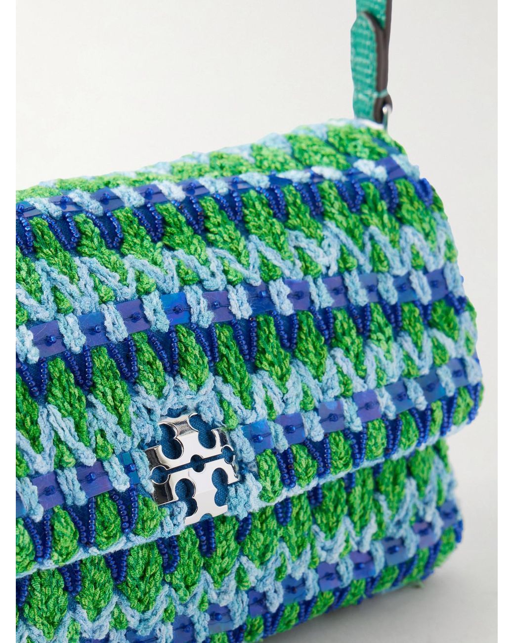 Tory Burch Blue Charlie Embellished Snake-Effect Leather-Trimmed Crocheted Shoulder Bag