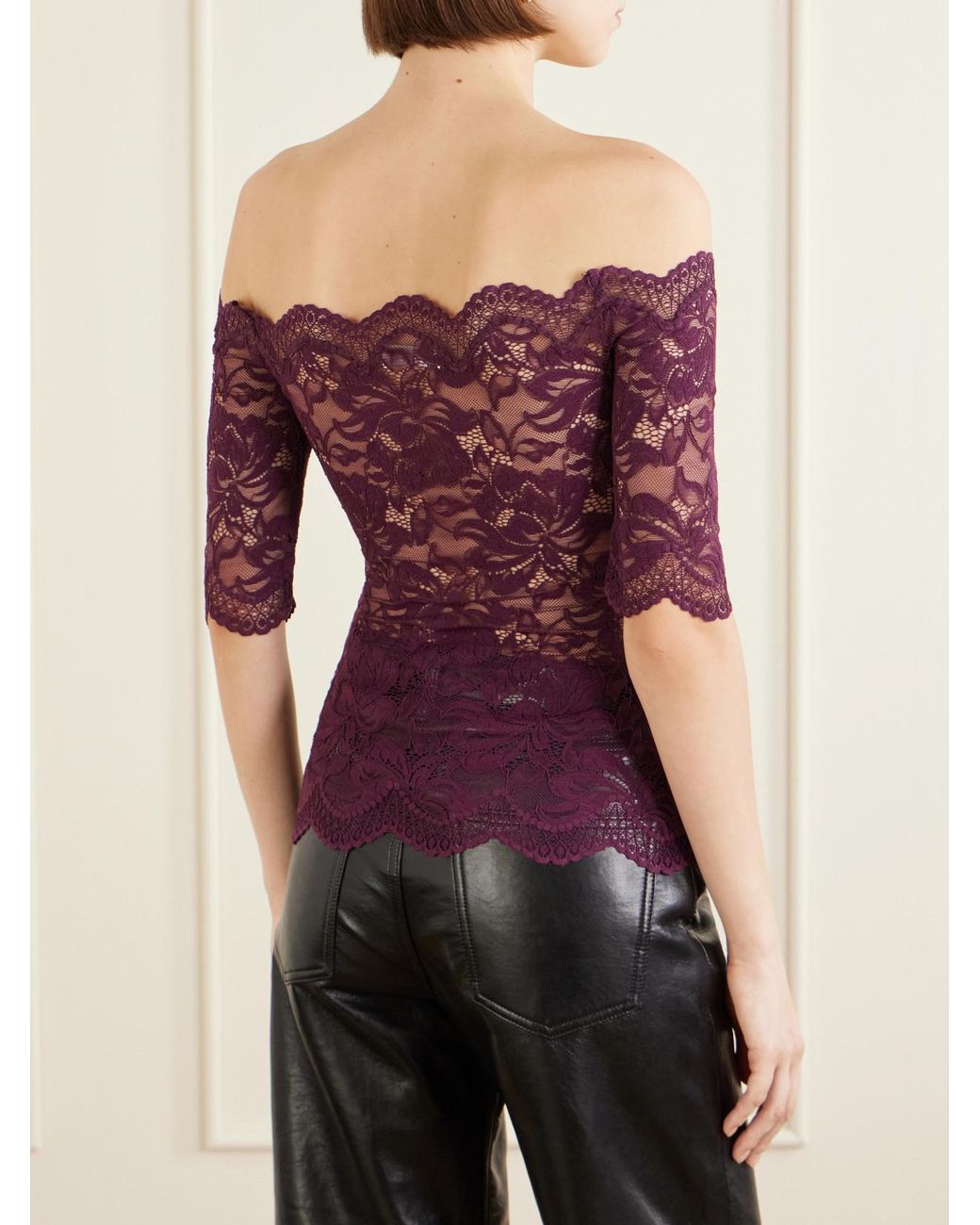 Rabanne Purple Off-The-Shoulder Lace Blouse