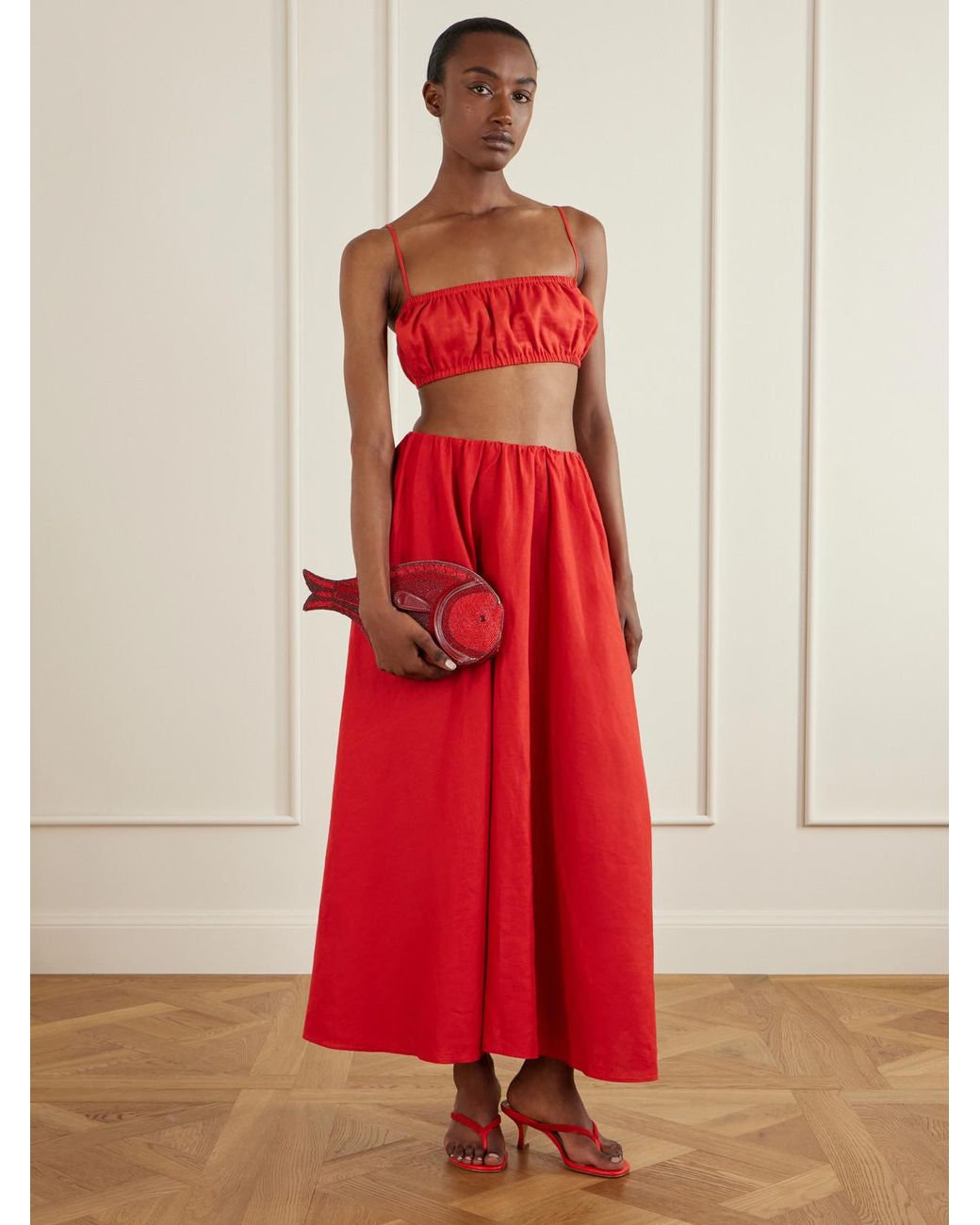 Staud Red Pesce Beaded Leather Clutch