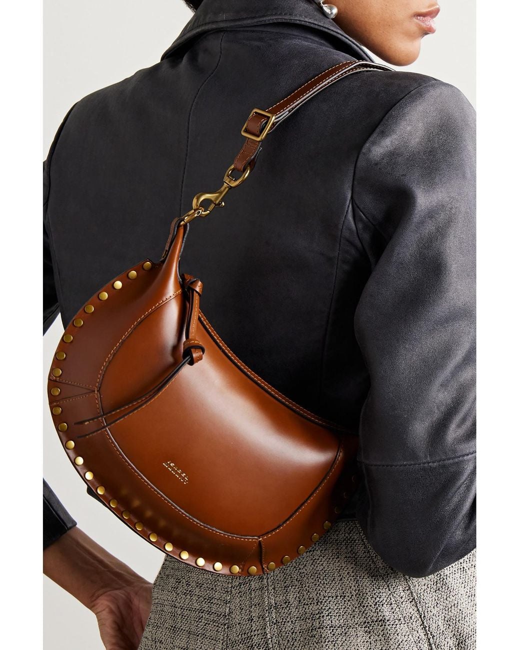 Isabel Marant Brown Oskan Moon Studded Leather Shoulder Bag