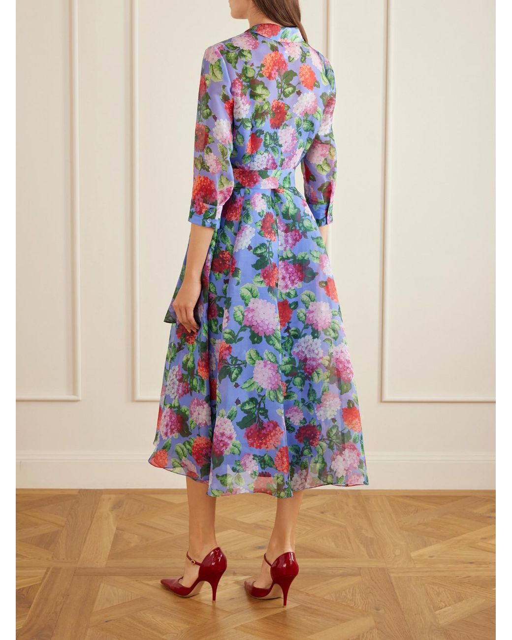 Carolina Herrera Blue Belted Floral-Print Silk-Organza Midi Dress