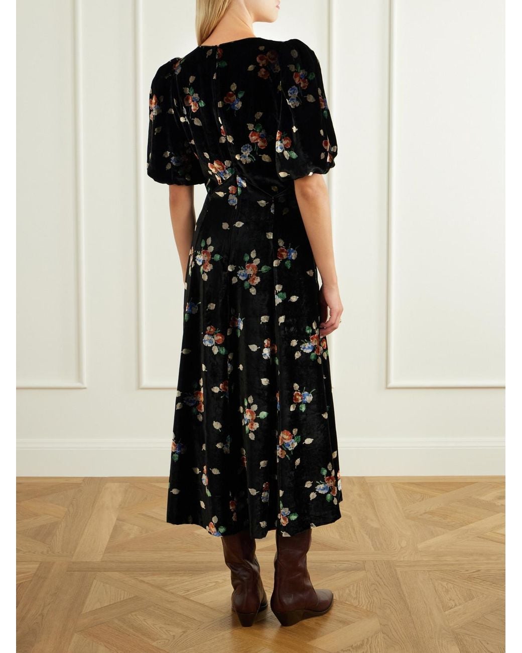 Sea Black Leda Floral-Patterned Velvet Midi Dress
