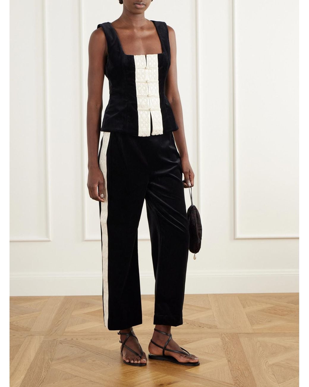 Posse Black Florian Embroidered Satin-Trimmed Cotton-Velvet Top