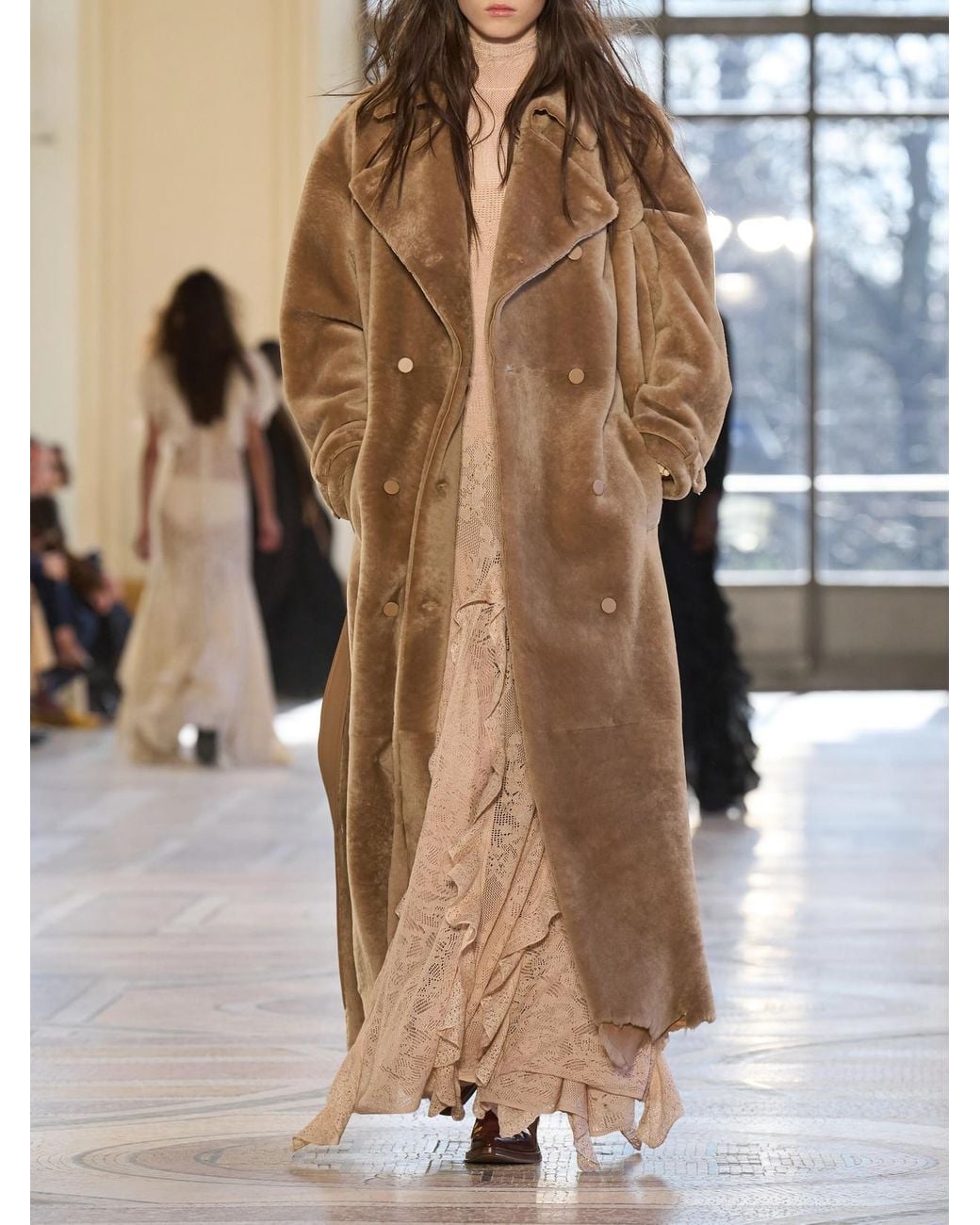 Gabriela Hearst Natural Tellus Belted Double-Breasted Leather-Trimmed Shearling Coat