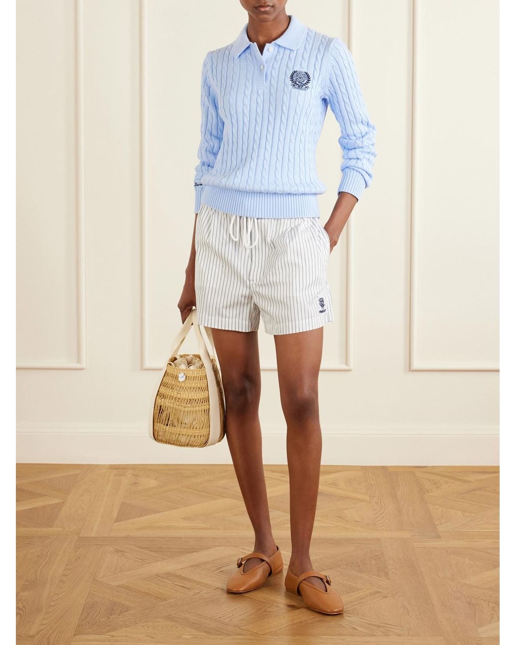 Polo Ralph Lauren Blue Wimbledon Logo-Embroidered Cable-Knit Cotton Polo Shirt