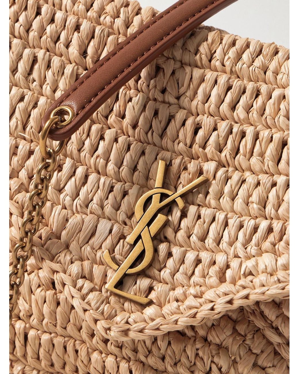 Saint Laurent Natural Cassandre Leather-Trimmed Raffia Shoulder Bag