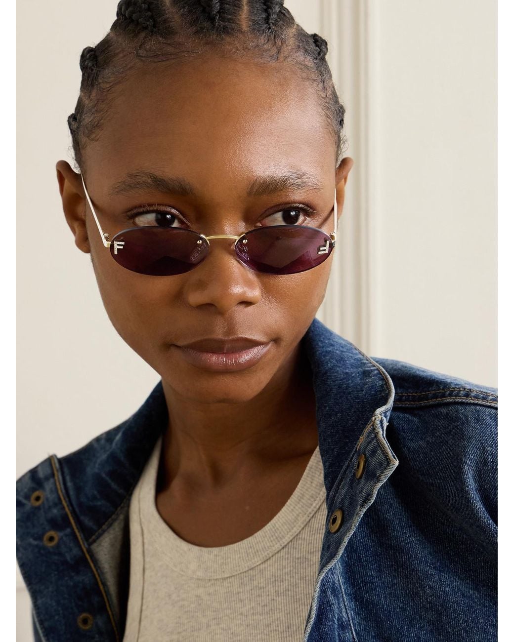 Fendi Purple Rimless Oval-Frame Crystal-Embellished-Tone Sunglasses