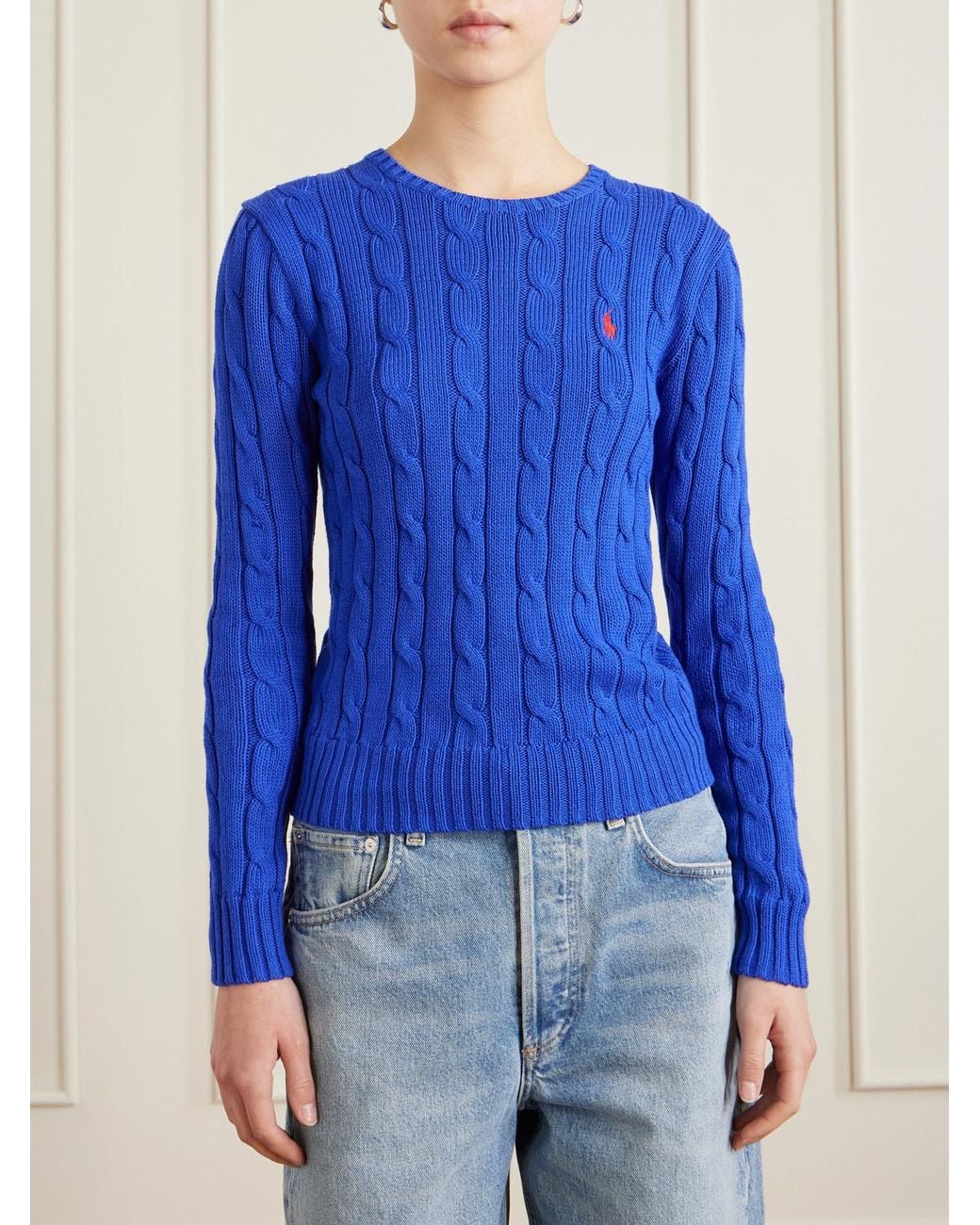 Polo Ralph Lauren Blue Embroidered Cable-Knit Cotton Sweater