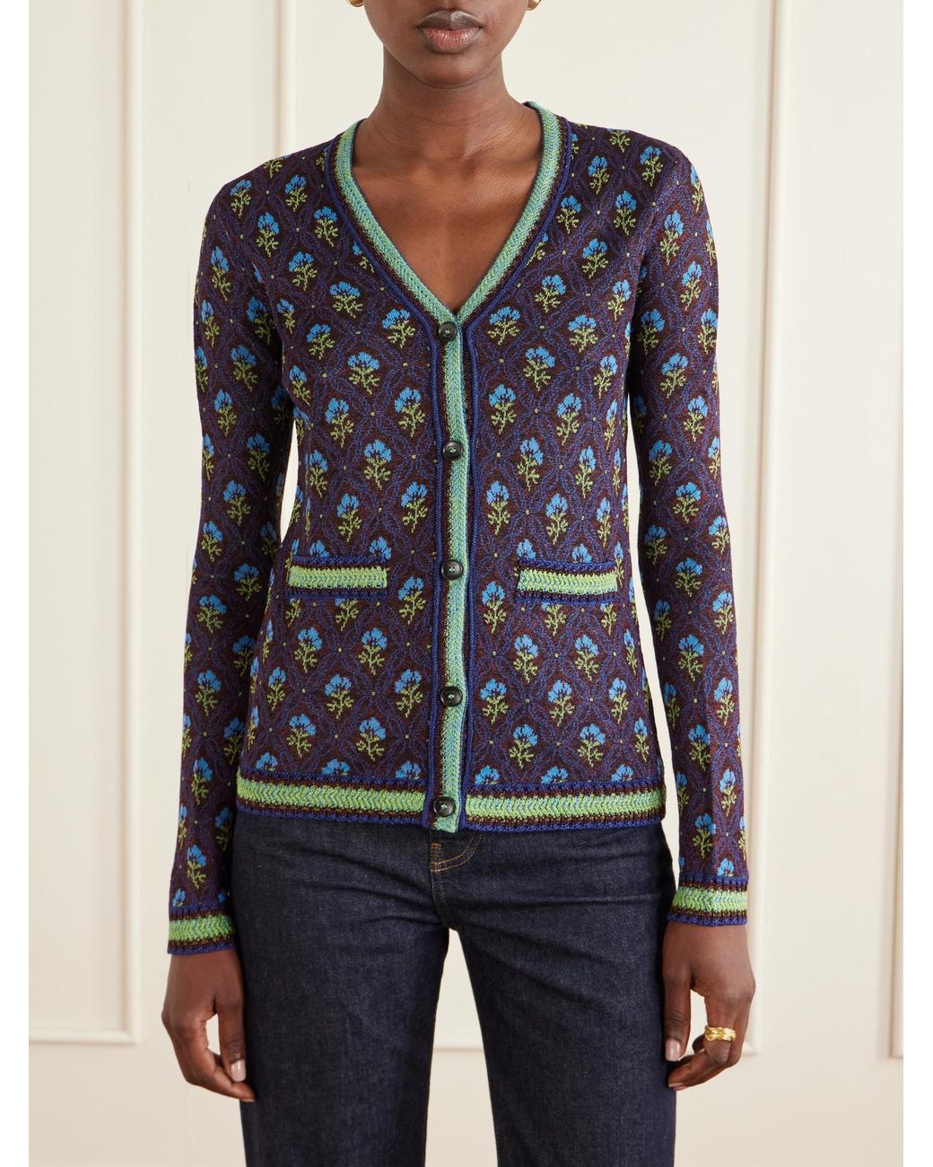 Etro Blue Embroidered Jacquard Cardigan