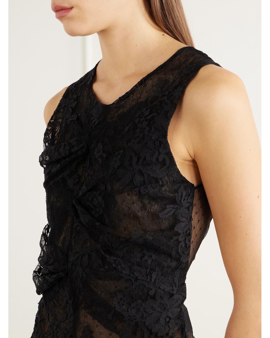 Sharon Wauchob Blue Alana Gathered Lace-Trimmed Cotton-Blend Point D'Esprit-Tulle Cami