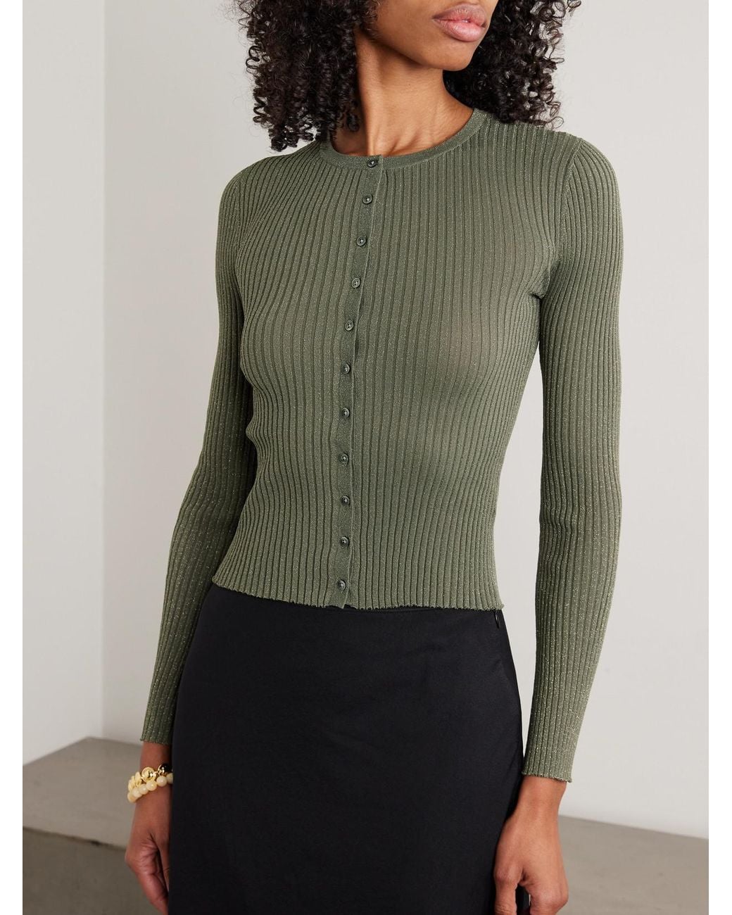 Leset Green Blake Ribbed Lurex Cardigan