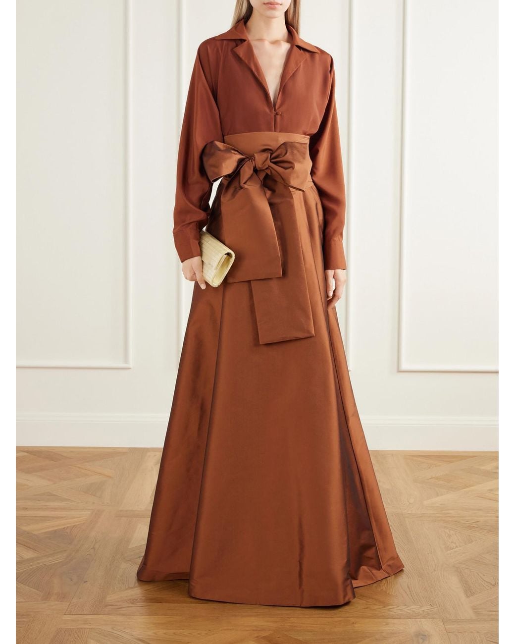 BERNADETTE Brown Beatrice Belted Satin And Taffeta Gown