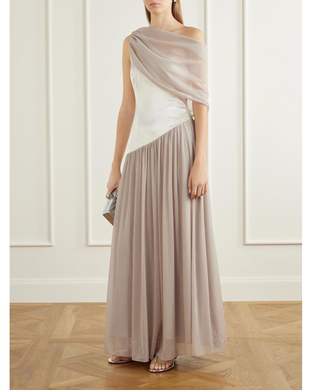 Abadia Natural Gwyneth Asymmetric Draped Satin-Trimmed Gerogette Gown