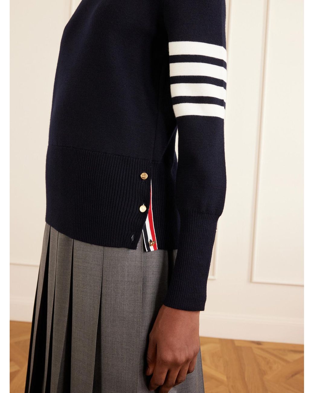 Thom Browne Blue Grosgrain-Trimmed Striped Wool Sweater