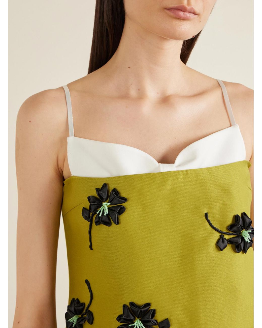 ShuShu/Tong Yellow Floral-Appliqué Bead-Embellished Crepe Bustier Mini Dress