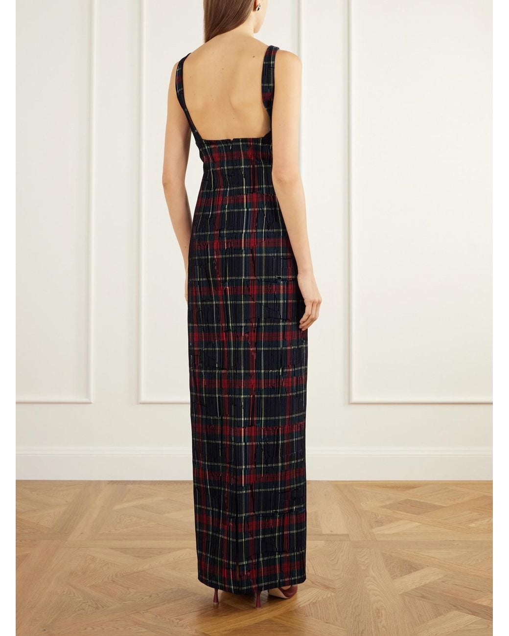 Emilia Wickstead Blue Micheline Checked Flocked Velvet-Trimmed Gabardine Maxi Dress