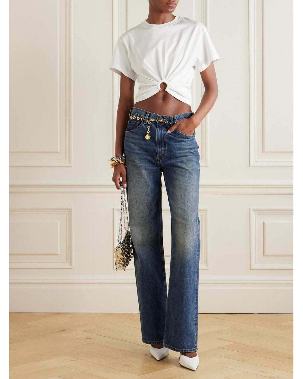 Rabanne White Cropped Embellished Gathered Cotton-Jersey T-Shirt