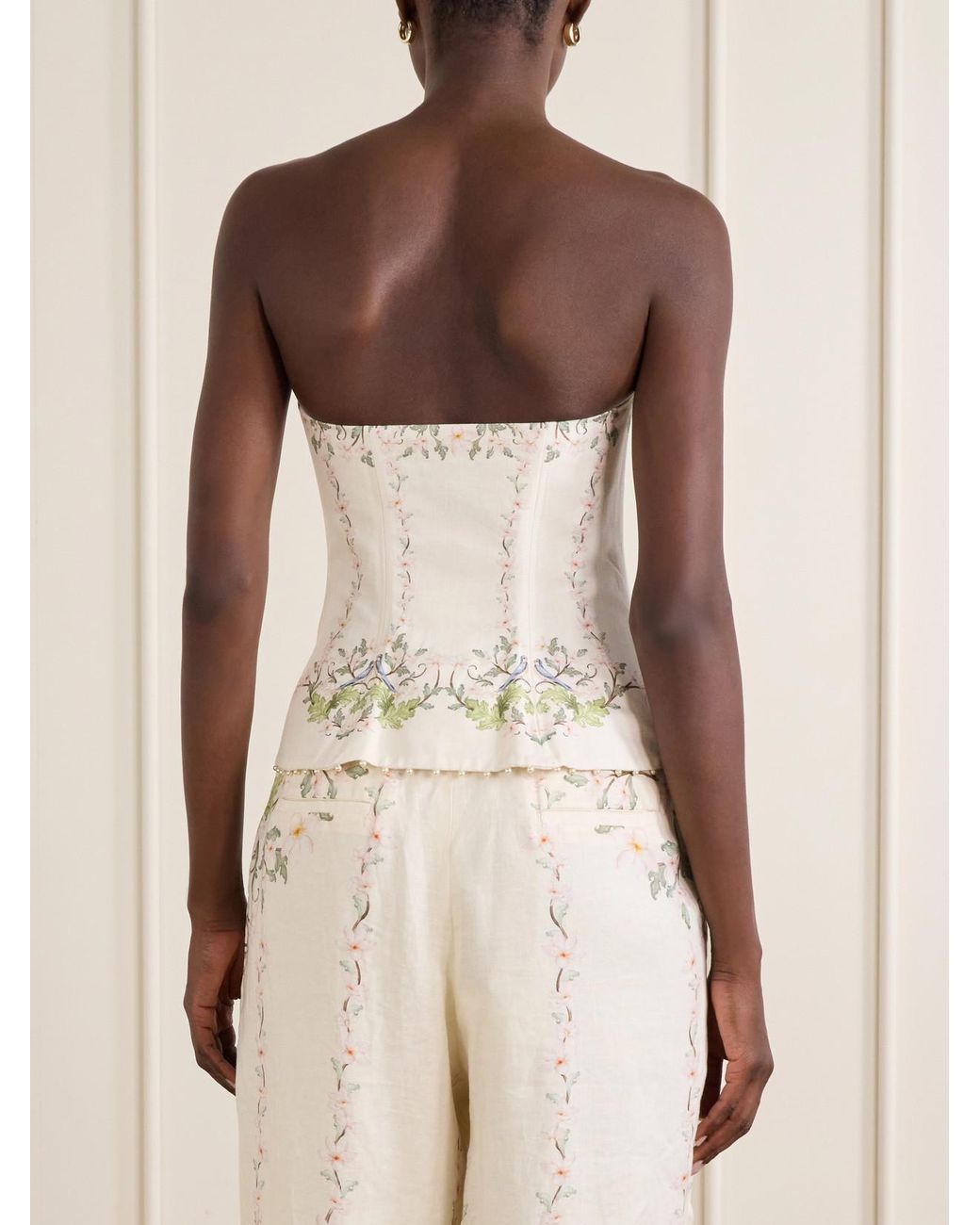 Agua Bendita Natural Tota Anhelo Embellished Floral-Printed Linen Bustier Top