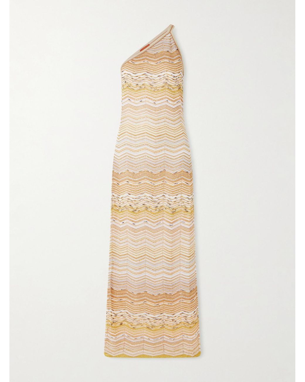 Missoni Natural One-Shoulder Sequin-Embellished Striped Metallic Crochet-Knit Maxi Dress