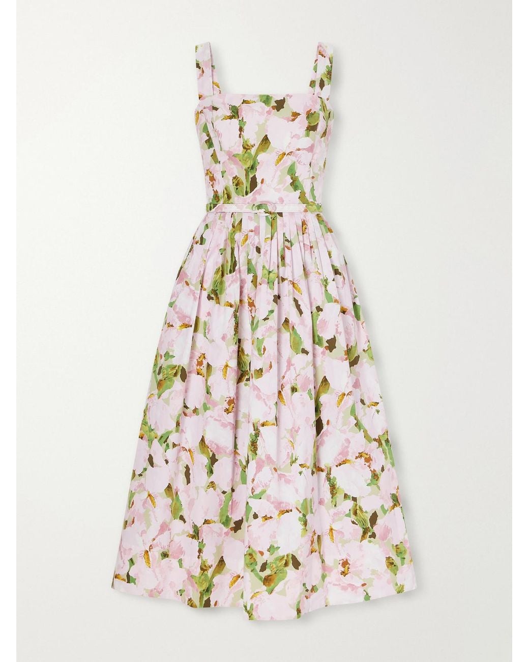 Oscar de la Renta White Belted Pleated Floral-Print Cotton-Blend Poplin Midi Dress